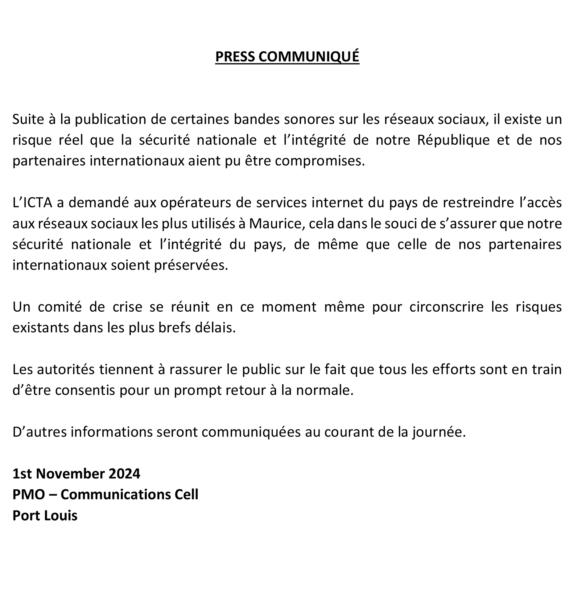 PMO&rsquo;s press release